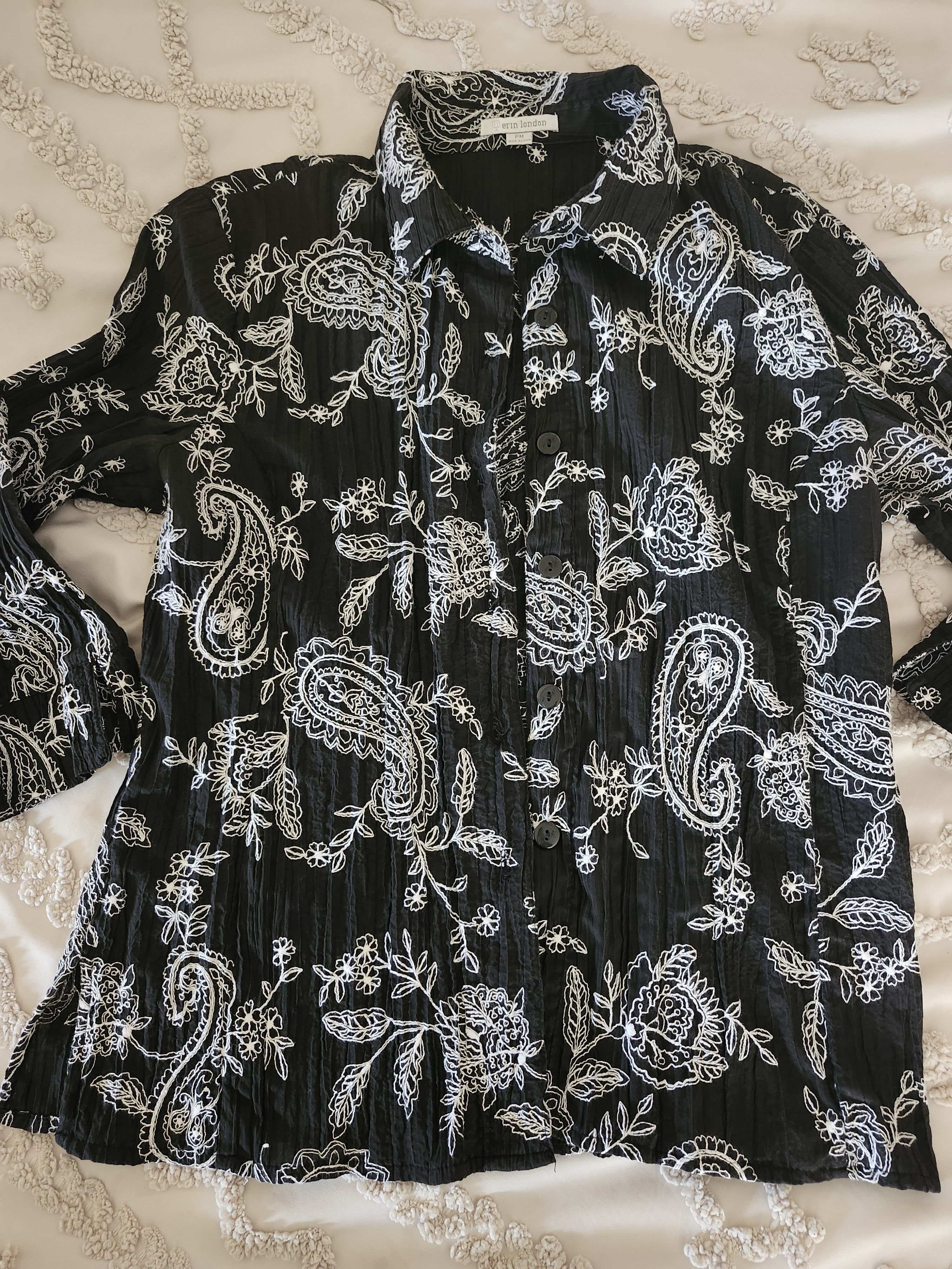 Erin London Black Blouse With White Paisley Embroidery